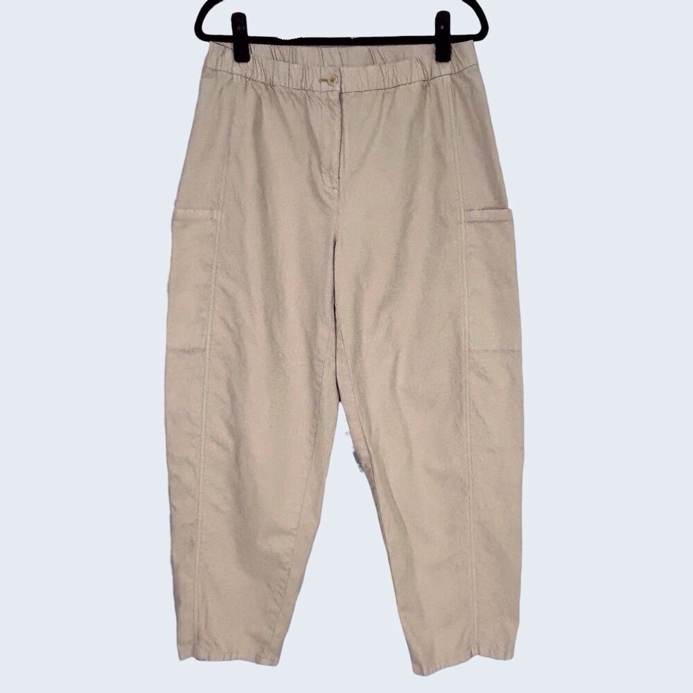 Eileen Fisher Cotton Hemp Stretch Lantern Pants Medium Khaki Tan Cropped Ankle